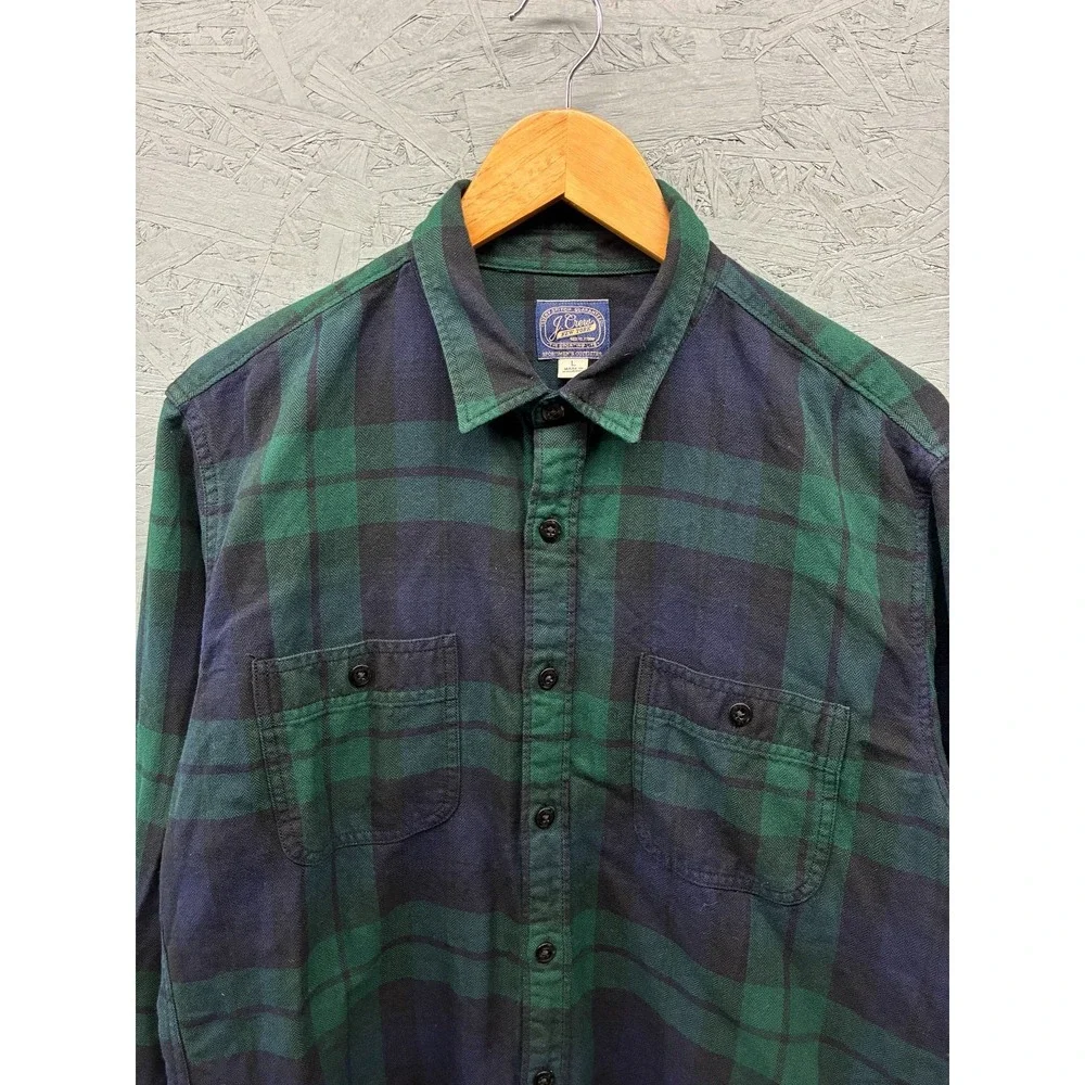 J. Crew Plaid Flannel Button Down Shirt Mens L Green Navy Blue Outdoor Preppy